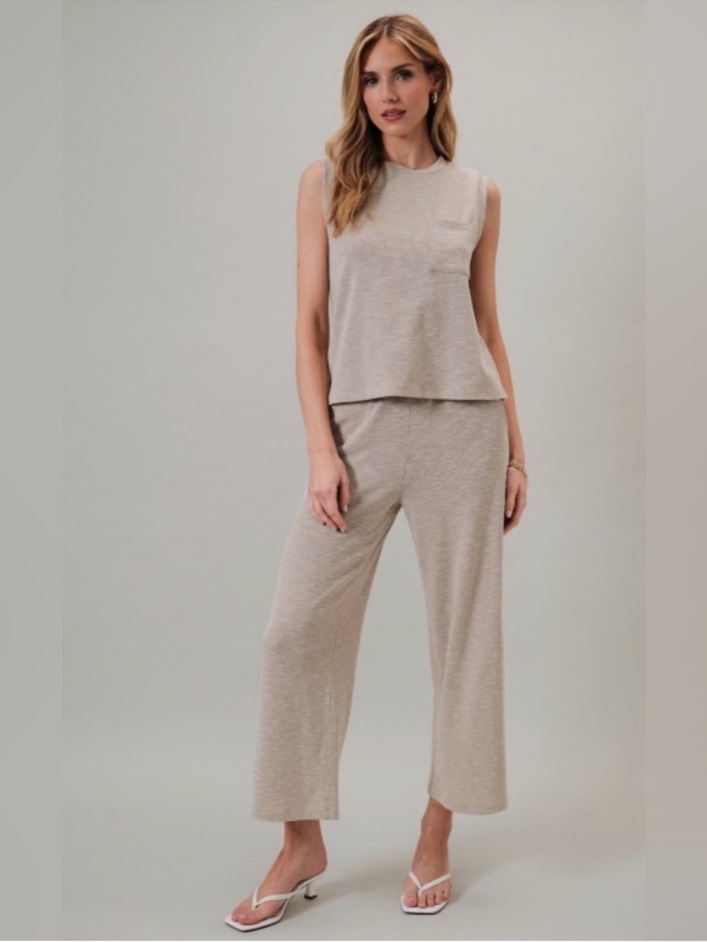 NWT Gilli Taupe Sleeveless Lounge Set Small Wide Leg Ribbed Knit